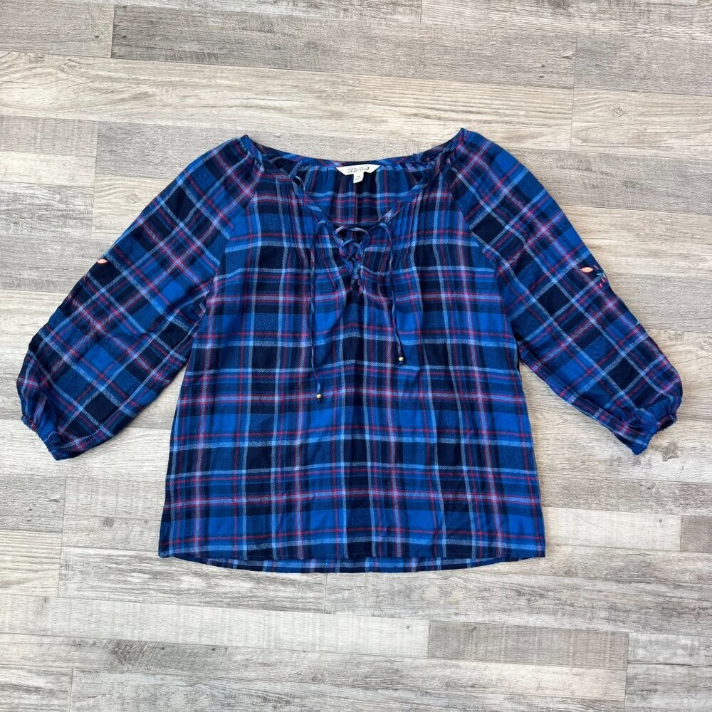 The Pioneer Woman Blue Plaid Flannel Floral Embroidered Peasant Top R42